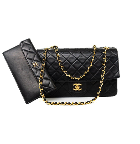 Vintage Black Lambskin Quilted Matelasse Single Flap Bag Gold Hardware