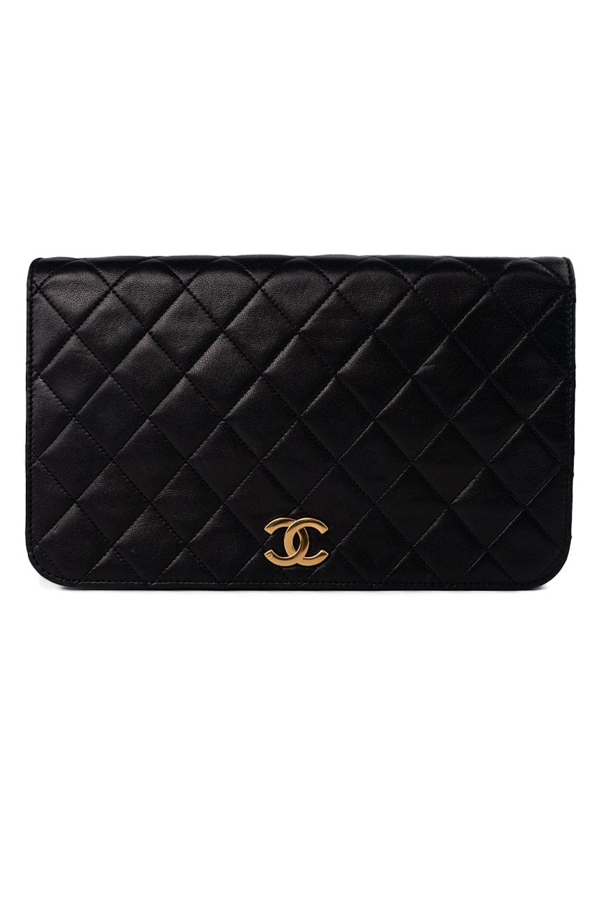 Vintage Black Lambskin Quilted Single Full Flap Shoulder Bag Gold Hardware