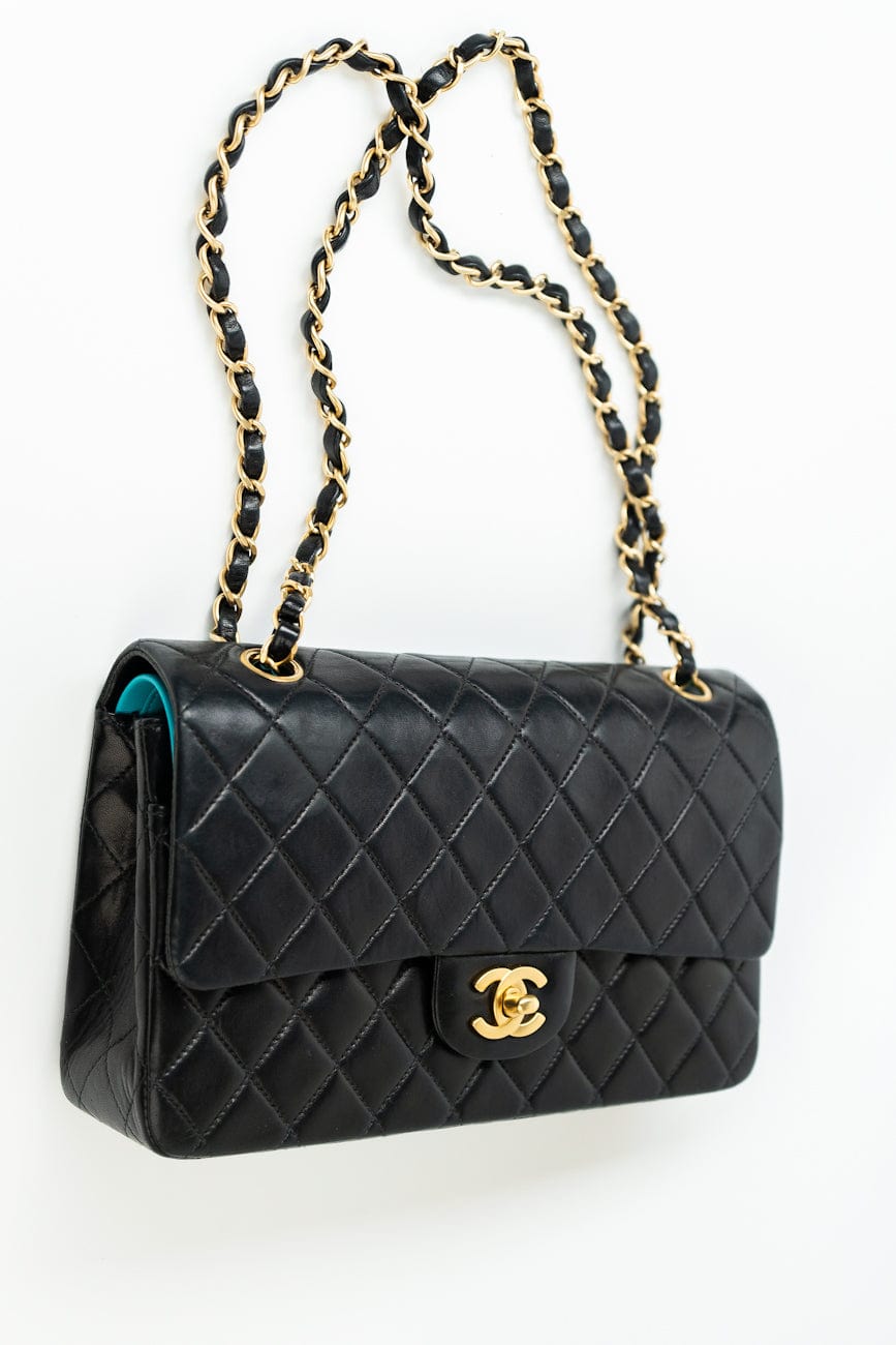 Vintage Black / Turquoise Lambskin Quilted Classic Flap Medium AGHW