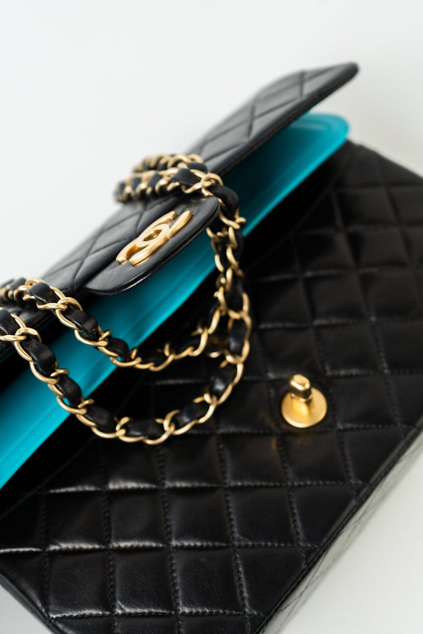 Vintage Black / Turquoise Lambskin Quilted Classic Flap Medium AGHW