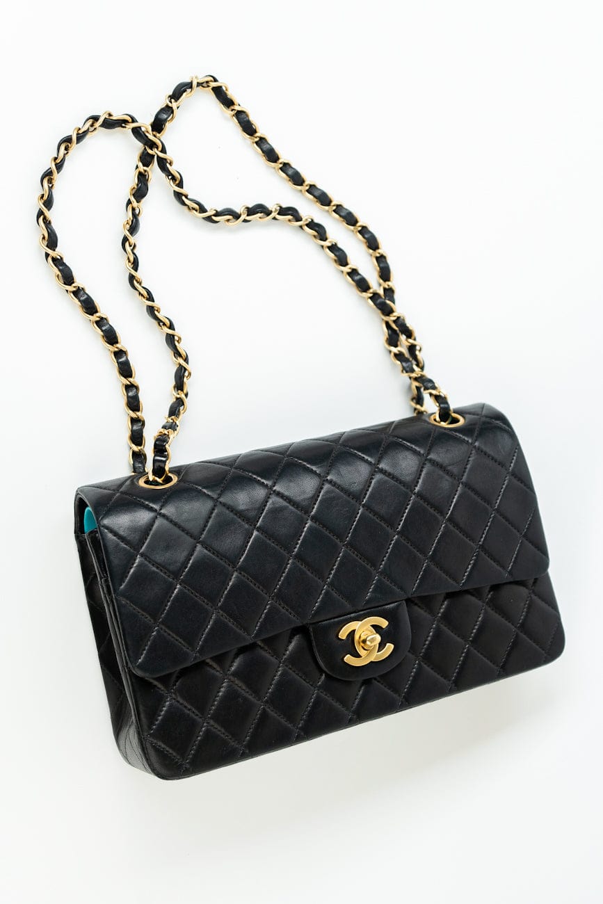 Vintage Black / Turquoise Lambskin Quilted Classic Flap Medium AGHW