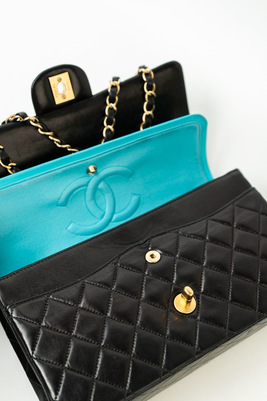 Vintage Black / Turquoise Lambskin Quilted Classic Flap Medium AGHW