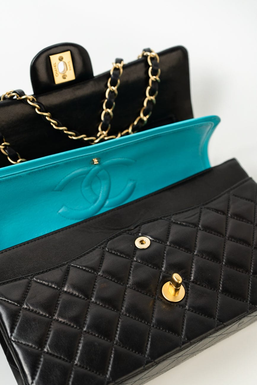 Vintage Black / Turquoise Lambskin Quilted Classic Flap Medium AGHW