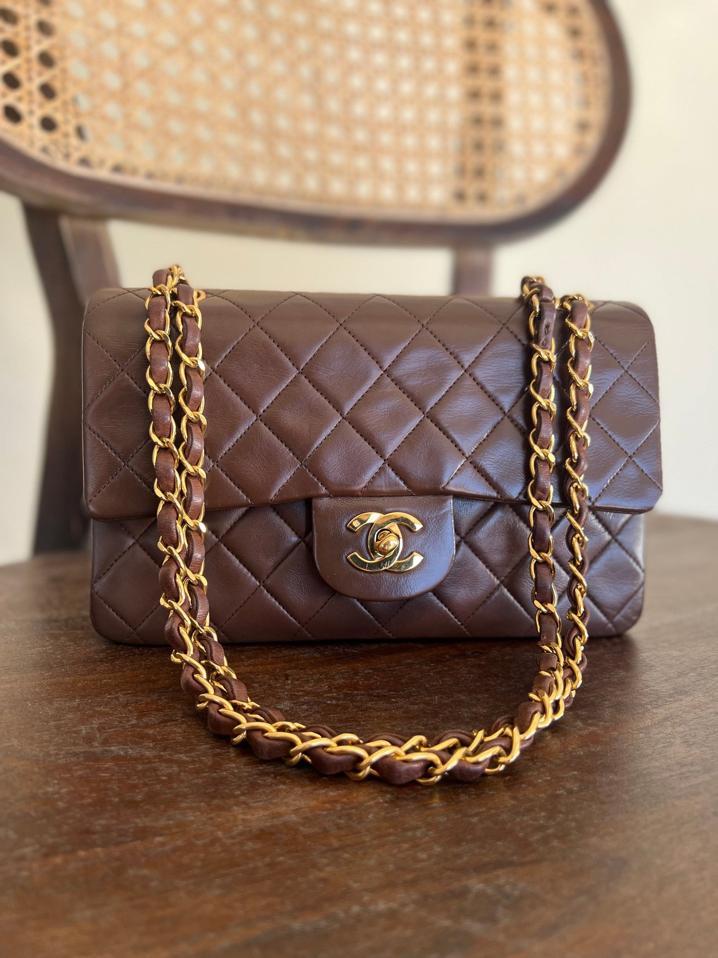 Vintage Brown Lambskin Quilted Classic Flap Small Gold Hardware