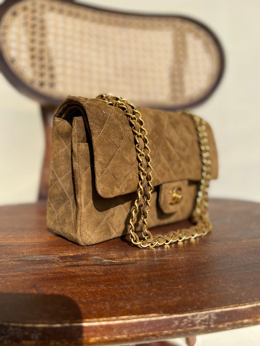 Vintage Brown Suede Quilted Classic Double Flap GHW