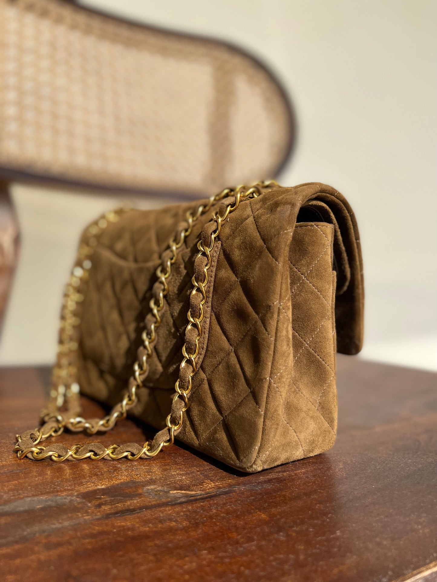Vintage Brown Suede Quilted Classic Double Flap GHW