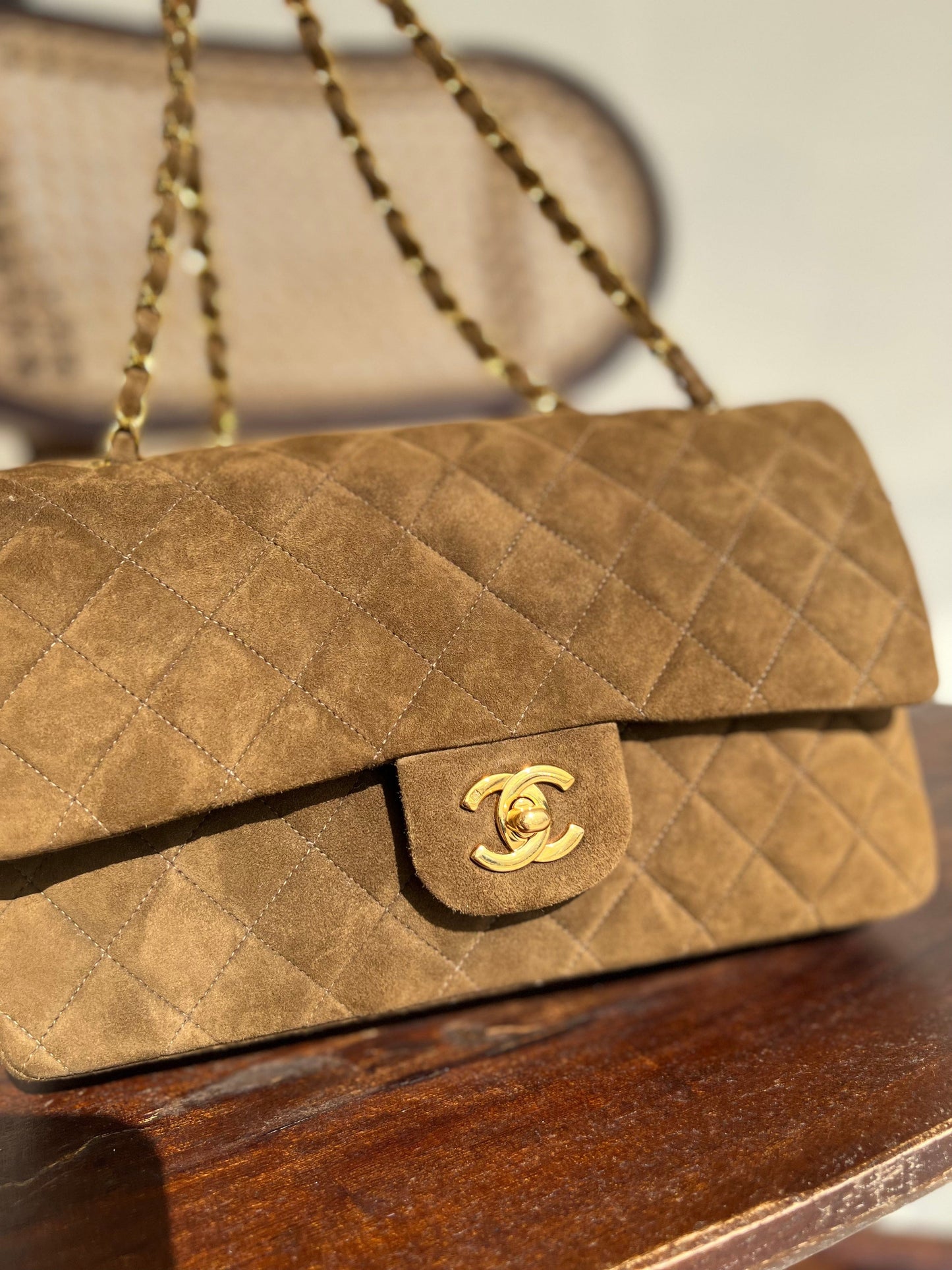 Vintage Brown Suede Quilted Classic Double Flap GHW