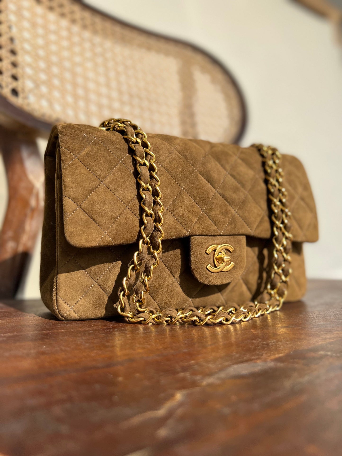 Vintage Brown Suede Quilted Classic Double Flap GHW