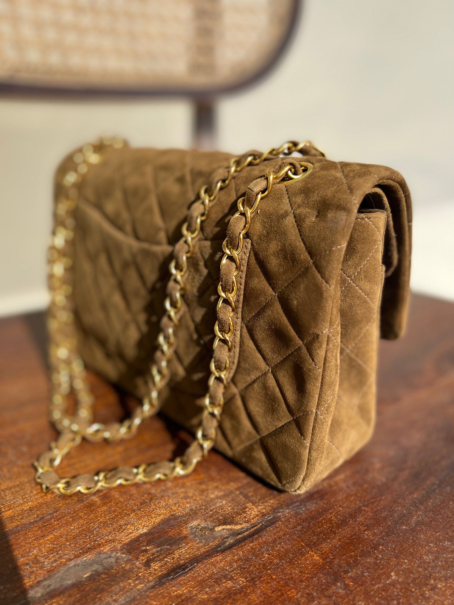Vintage Brown Suede Quilted Classic Double Flap GHW