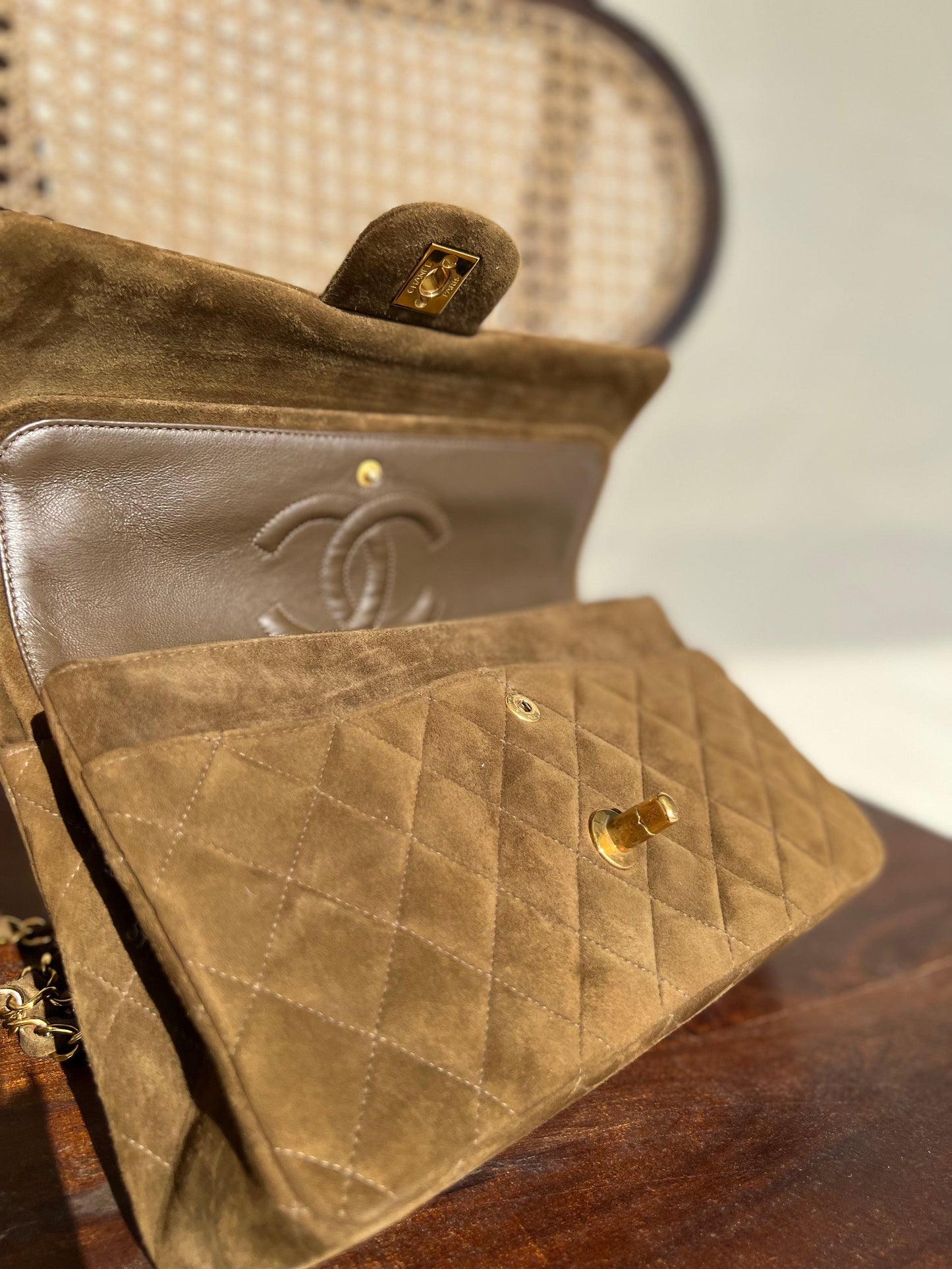 Vintage Brown Suede Quilted Classic Double Flap GHW