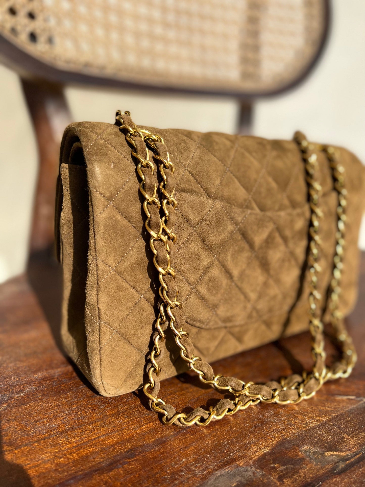 Vintage Brown Suede Quilted Classic Double Flap GHW