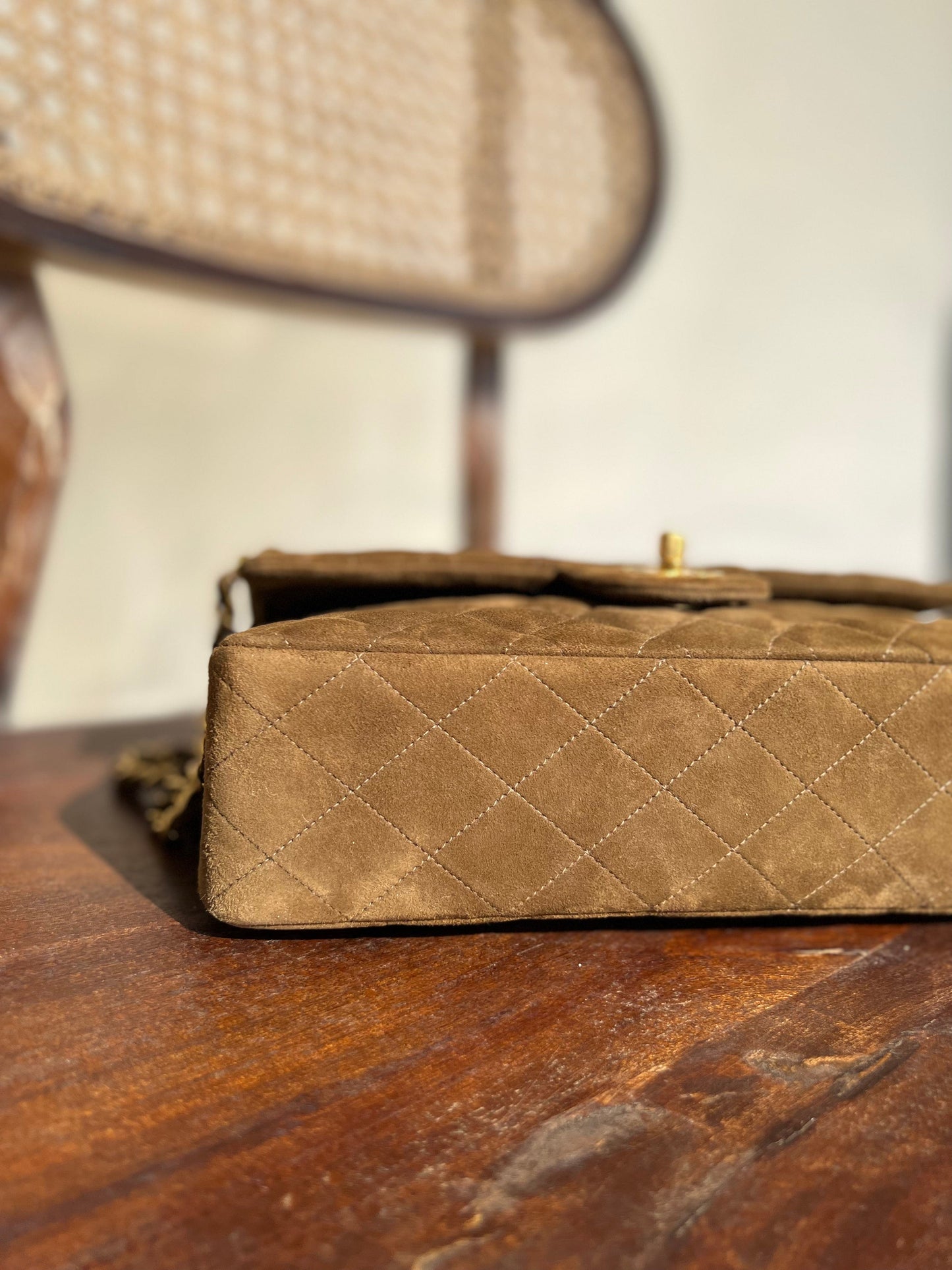 Vintage Brown Suede Quilted Classic Double Flap GHW