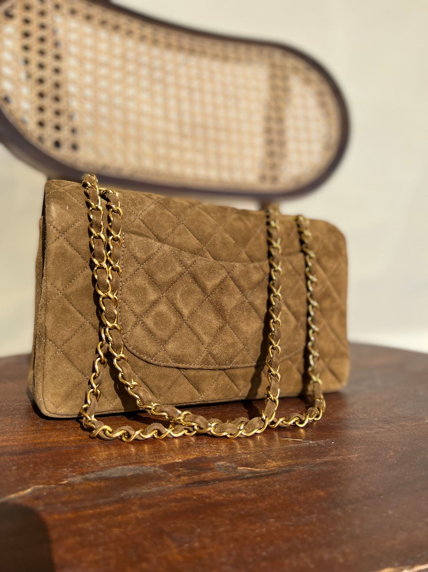 Vintage Brown Suede Quilted Classic Double Flap GHW