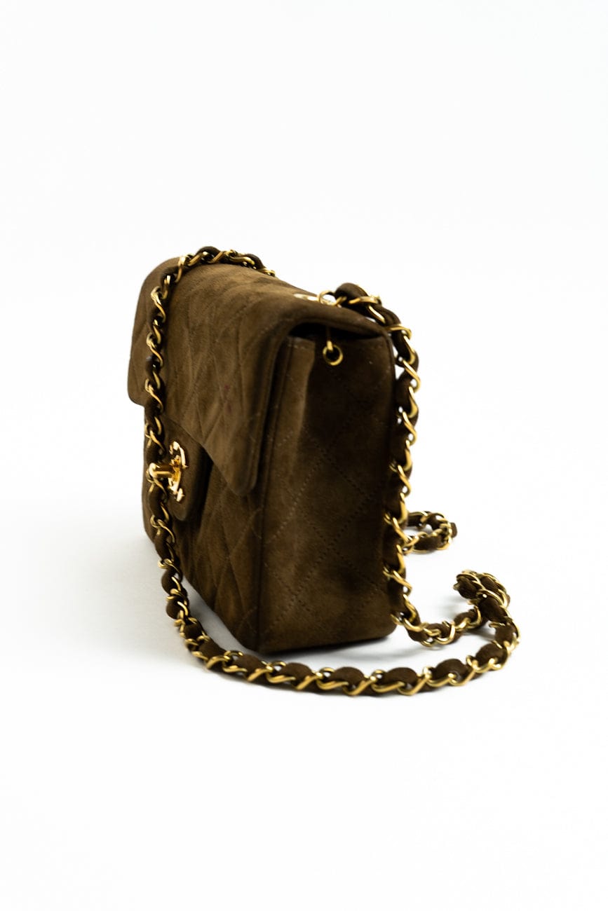 Vintage Brown Suede Quilted Mini Square Flap GHW