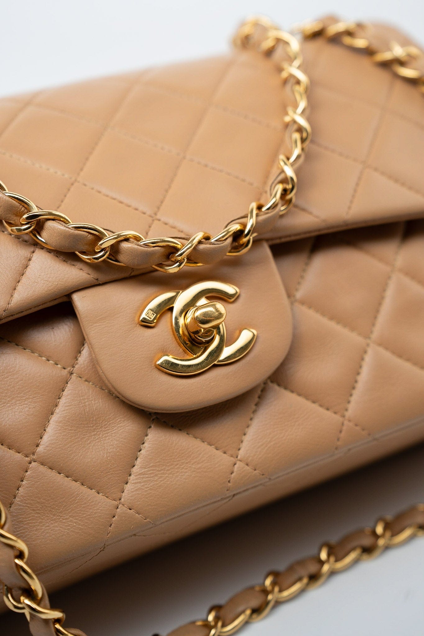 Vintage Caramel Lambskin Quilted Classic Flap Small Gold Hardware