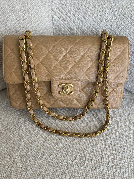 Vintage Dark Beige / Caramel Caviar Classic Flap Small GHW
