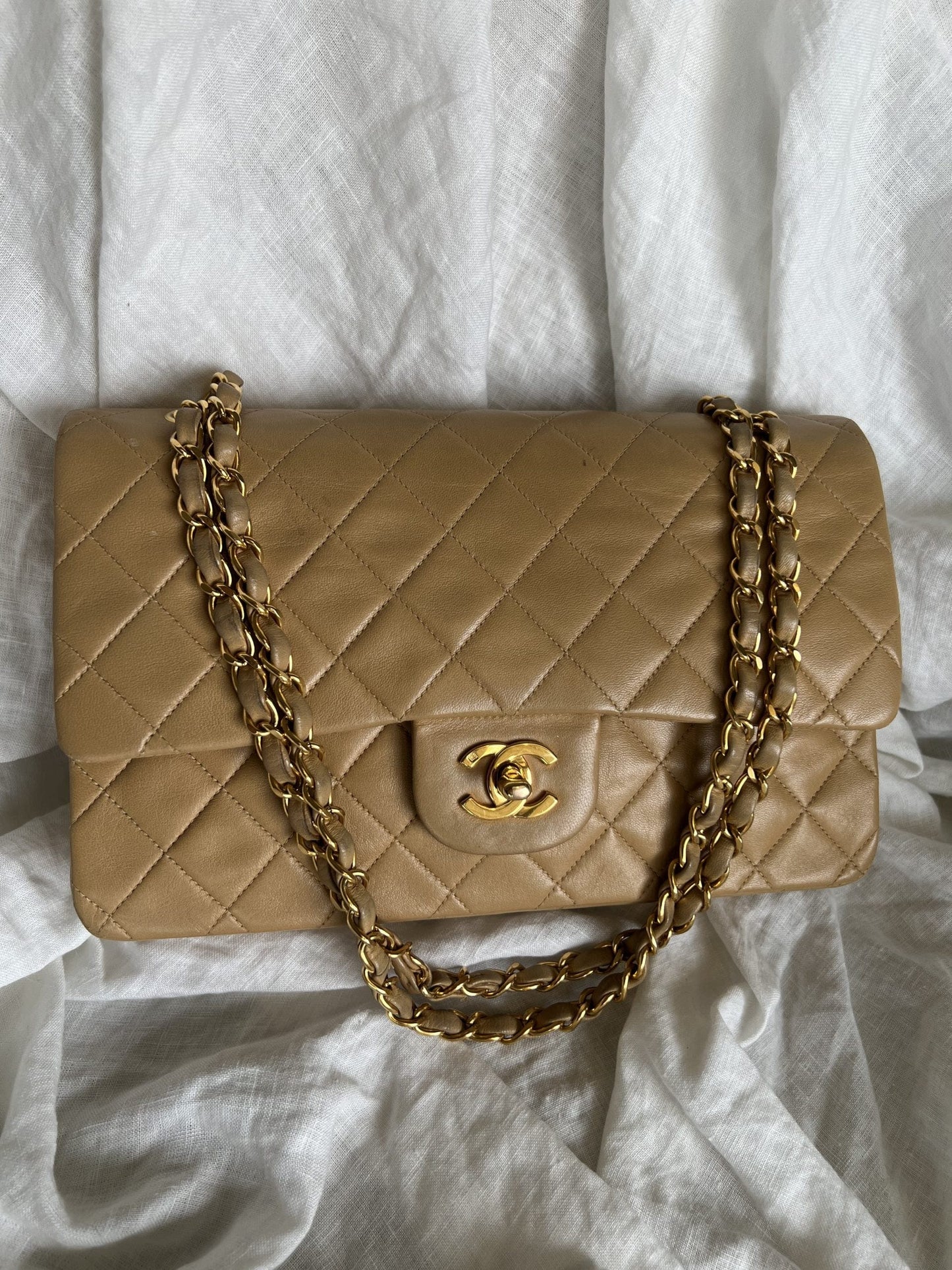 Vintage Dark Beige Lambskin Quilted Classic Flap Medium GHW