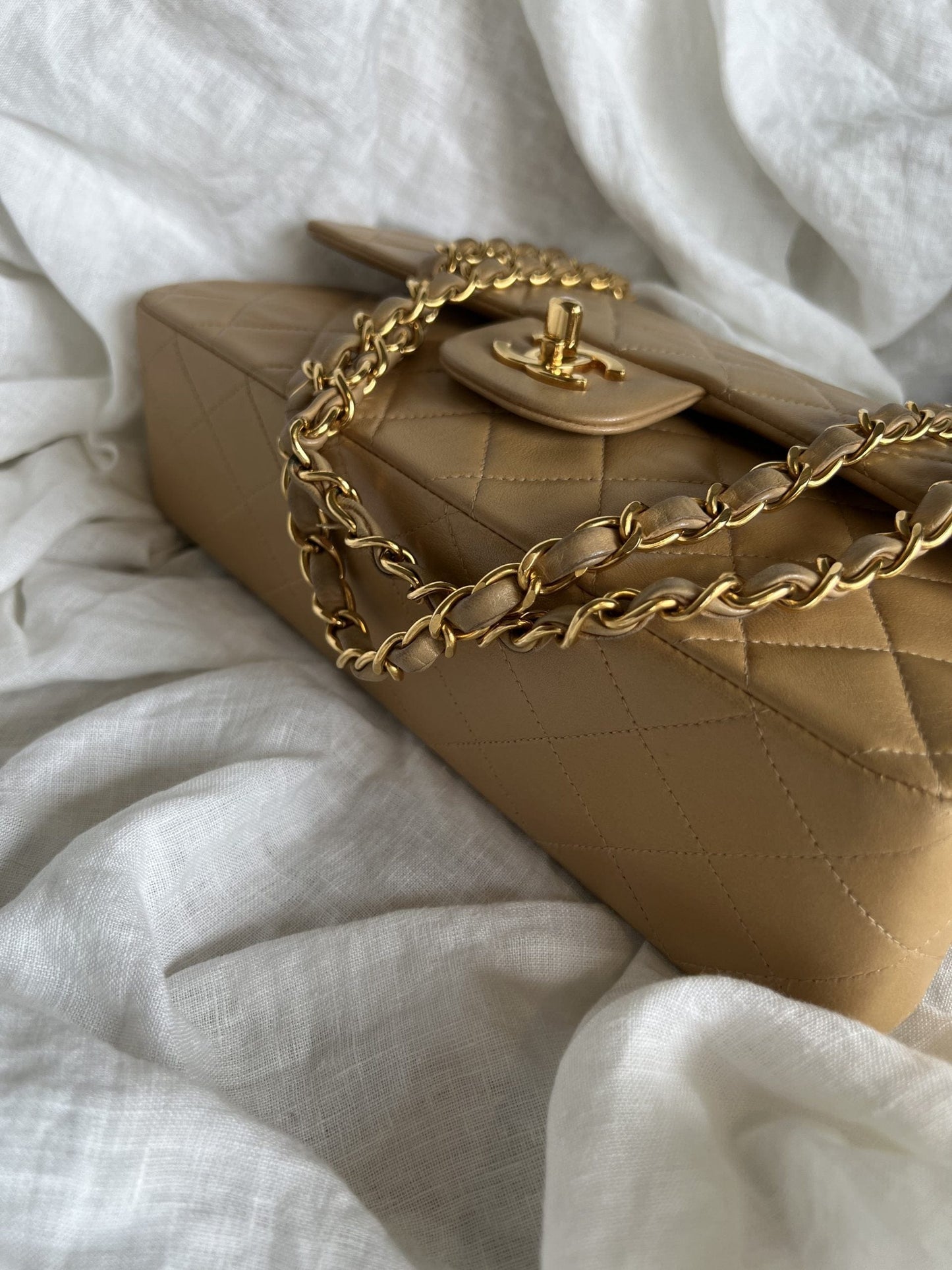 Vintage Dark Beige Lambskin Quilted Classic Flap Medium GHW