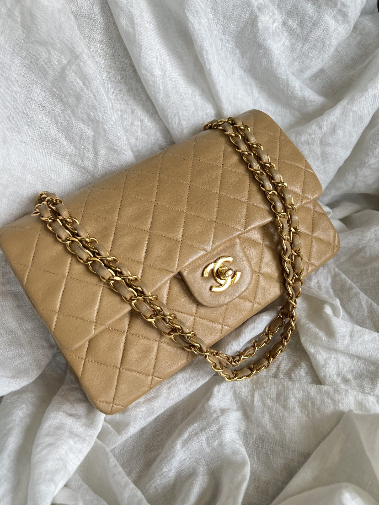 Vintage Dark Beige Lambskin Quilted Classic Flap Medium GHW