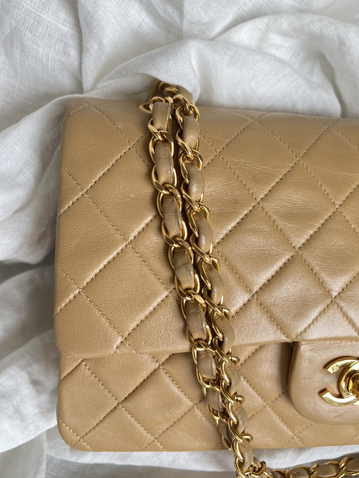 Vintage Dark Beige Lambskin Quilted Classic Flap Medium GHW