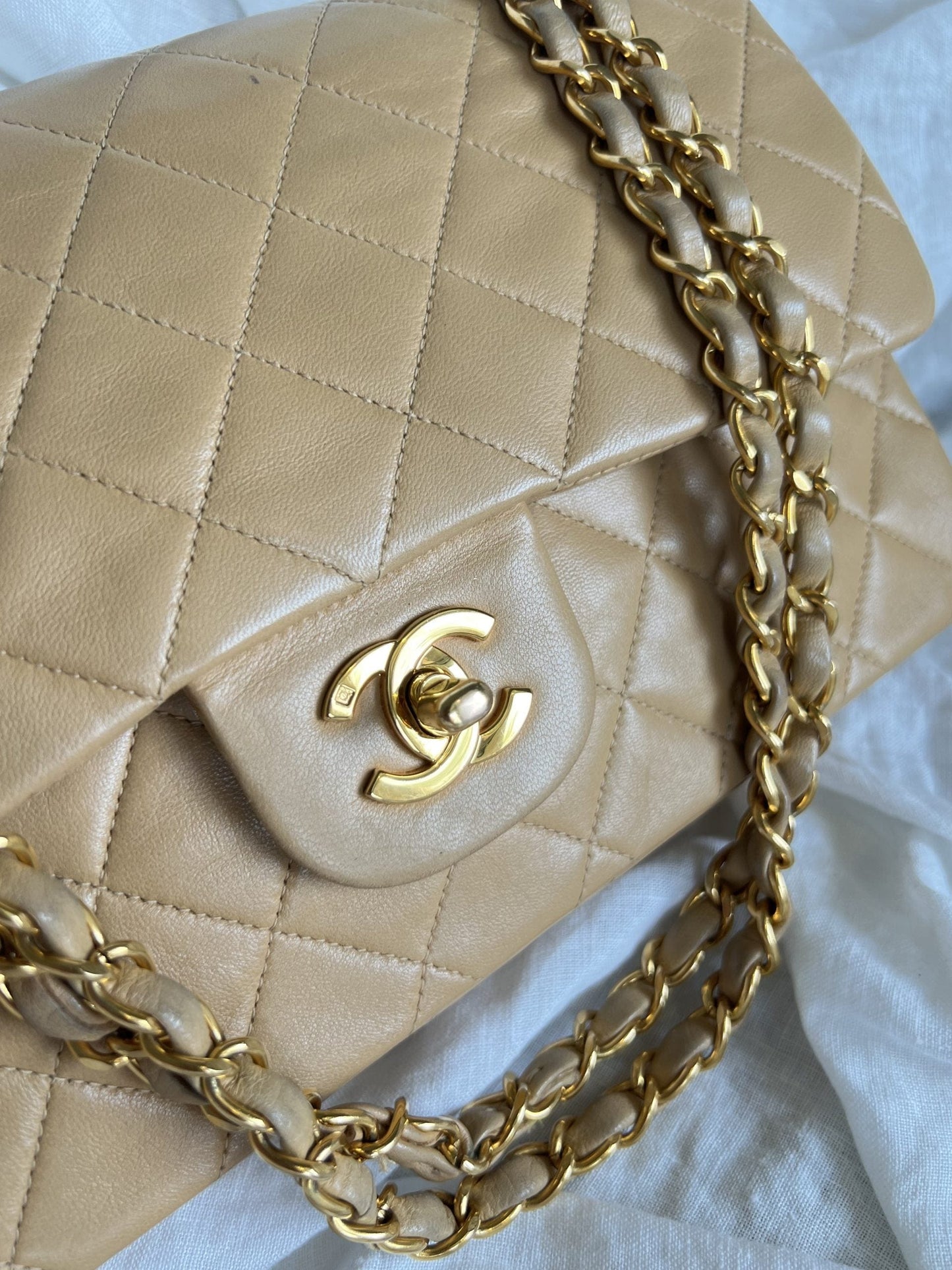 Vintage Dark Beige Lambskin Quilted Classic Flap Medium GHW