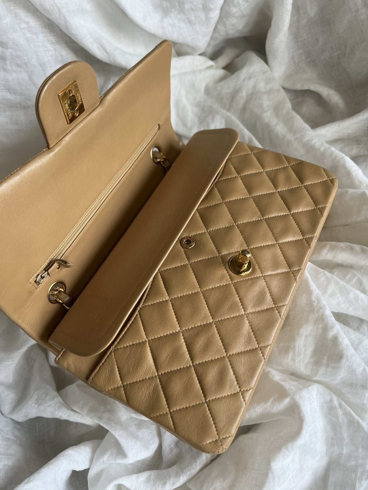 Vintage Dark Beige Lambskin Quilted Classic Flap Medium GHW