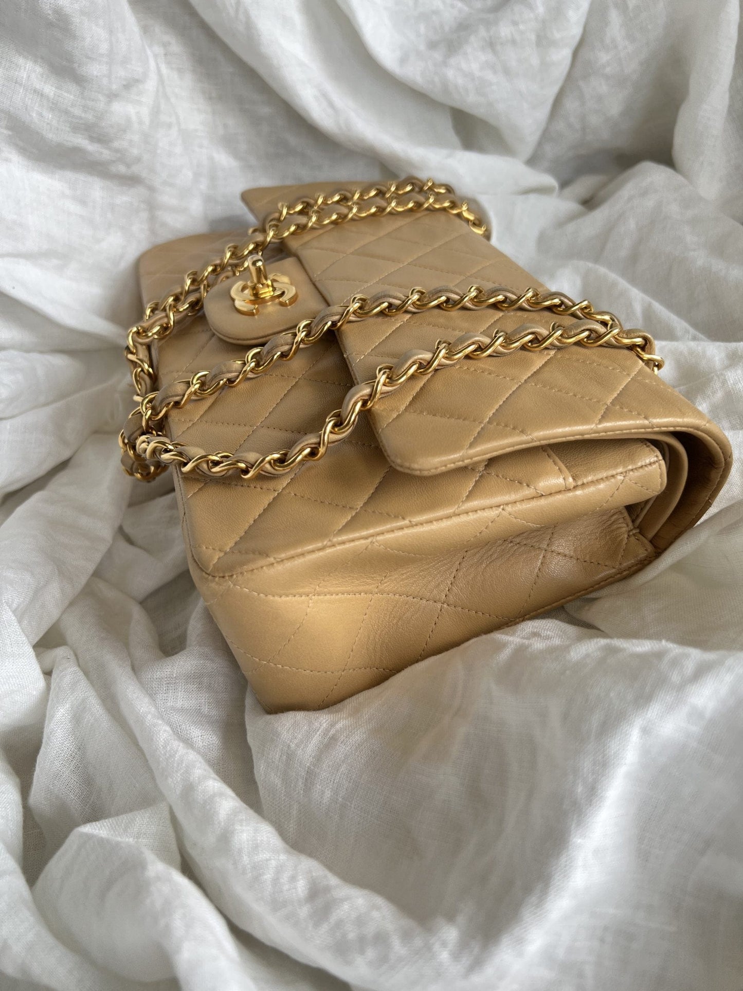 Vintage Dark Beige Lambskin Quilted Classic Flap Medium GHW