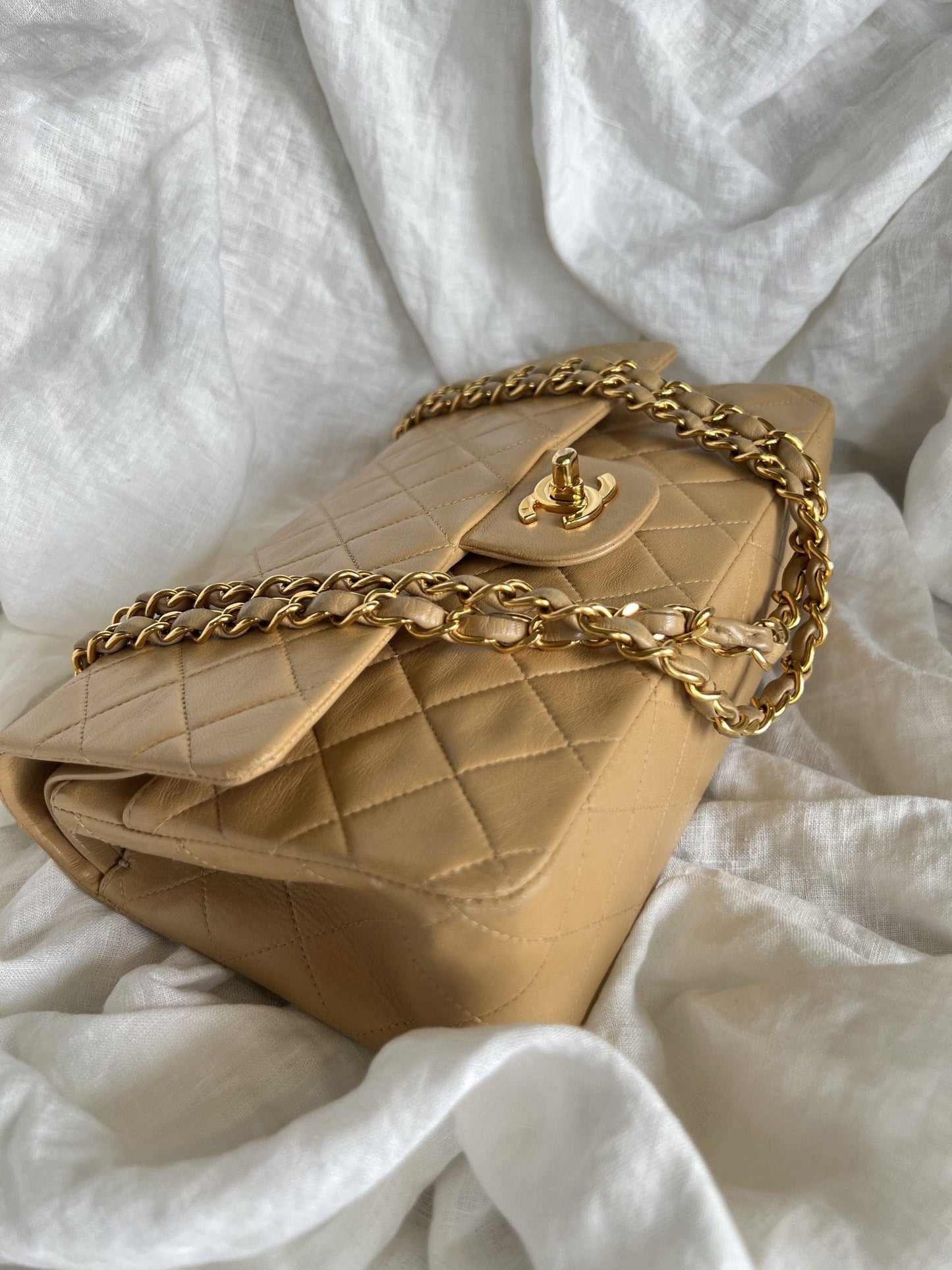 Vintage Dark Beige Lambskin Quilted Classic Flap Medium GHW