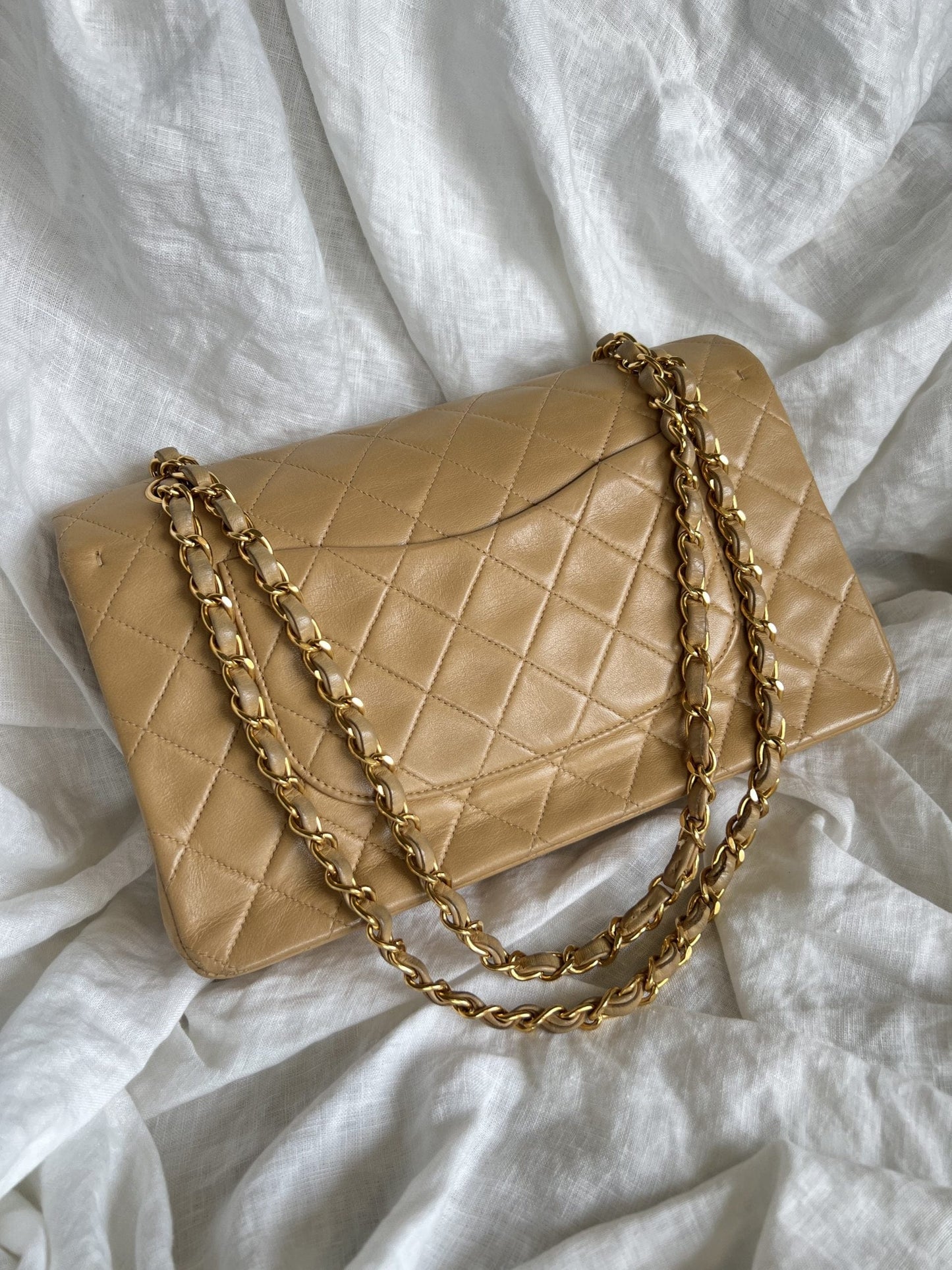 Vintage Dark Beige Lambskin Quilted Classic Flap Medium GHW