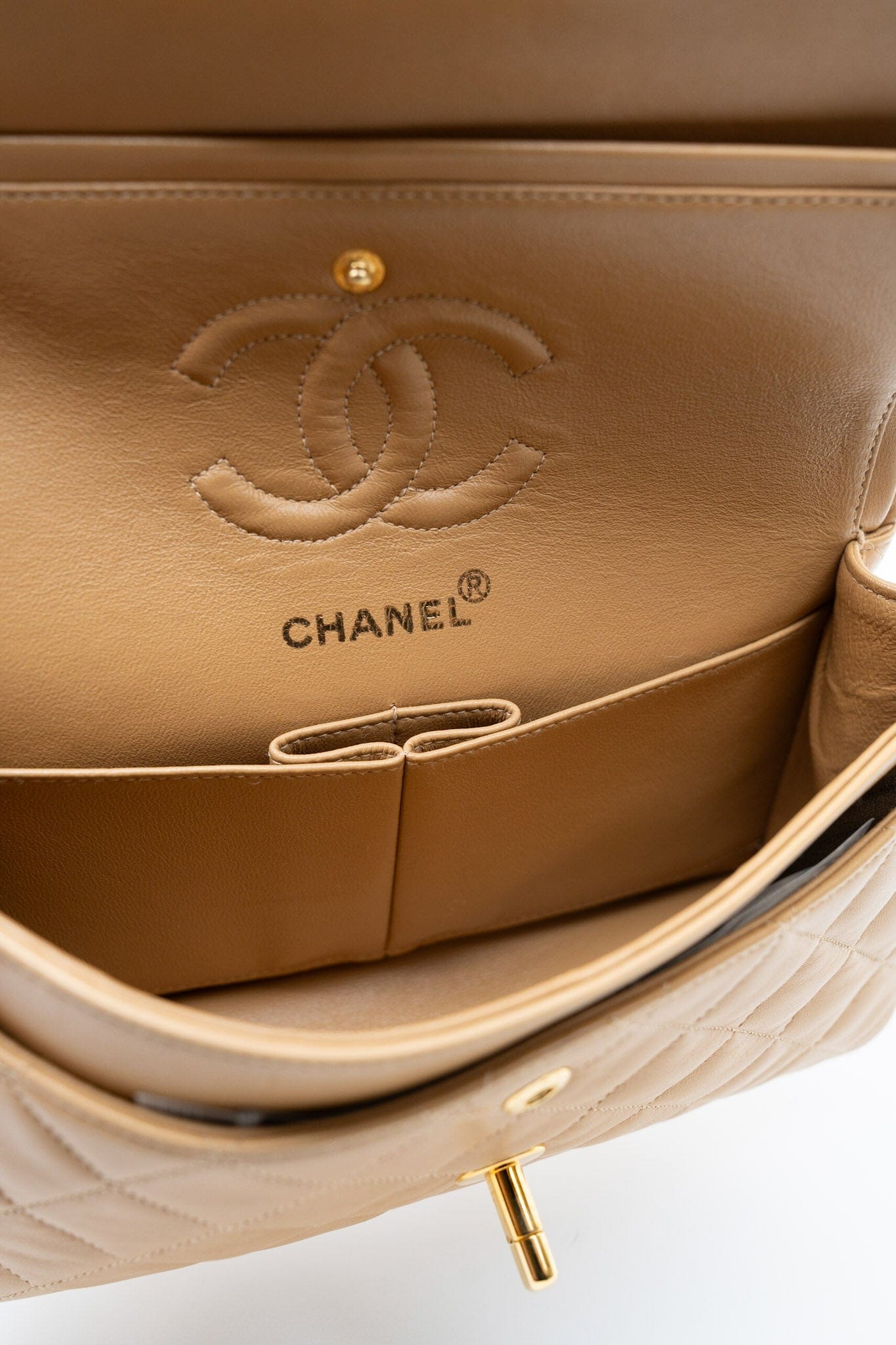 Vintage Dark Beige Lambskin Quilted Classic Flap Small Gold Hardware