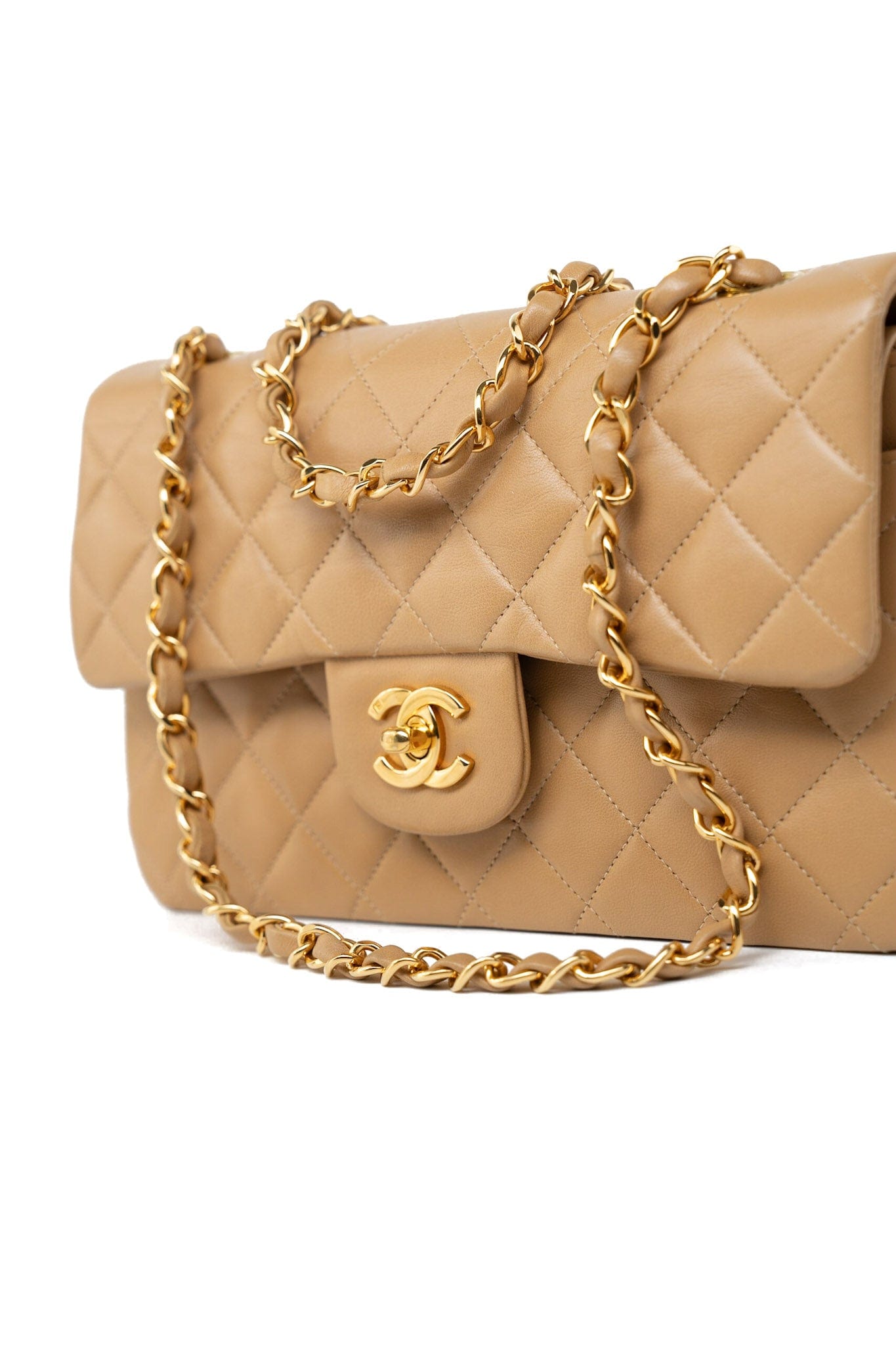 Vintage Dark Beige Lambskin Quilted Classic Flap Small Gold Hardware