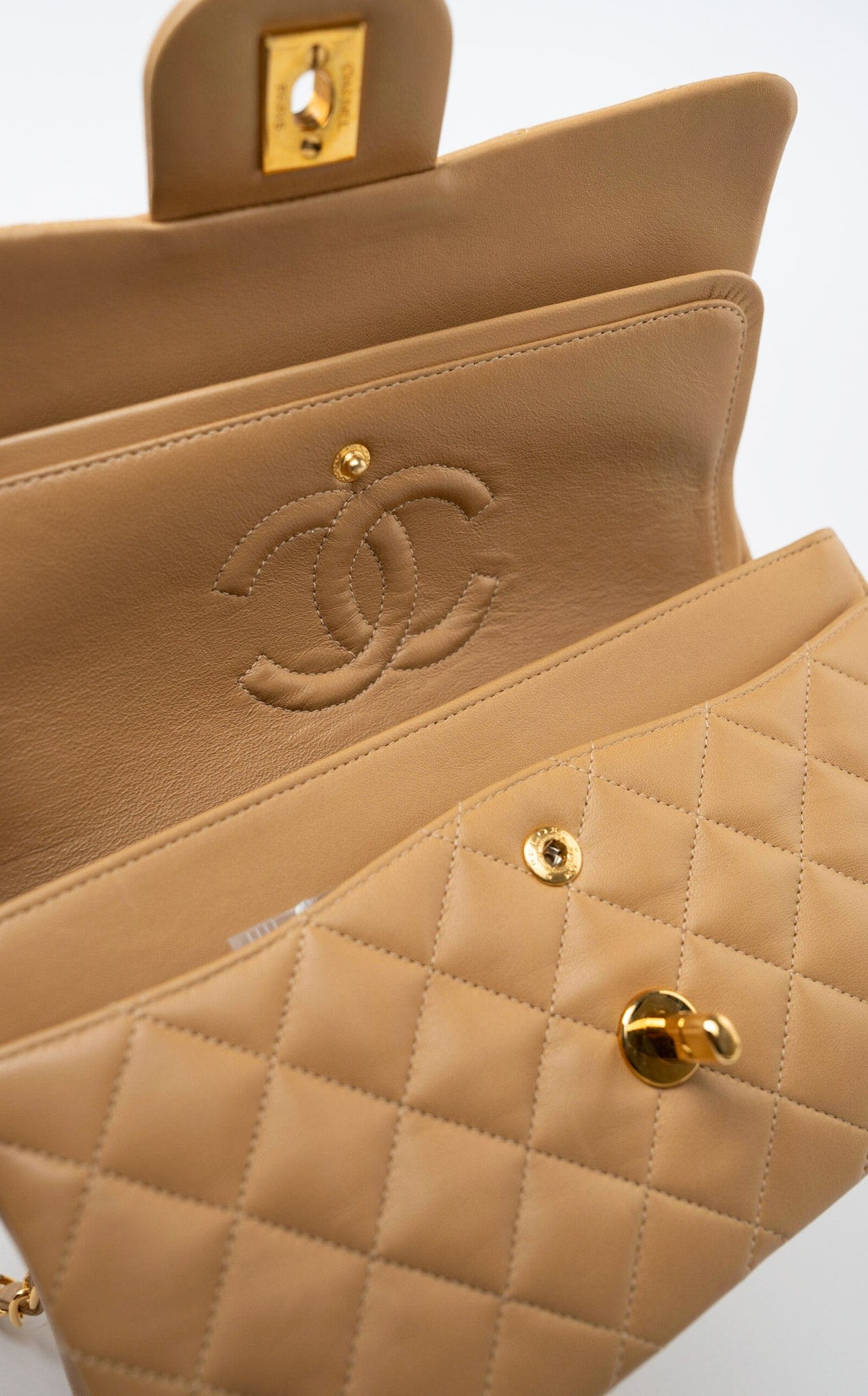 Vintage Dark Beige Lambskin Quilted Classic Flap Small Gold Hardware