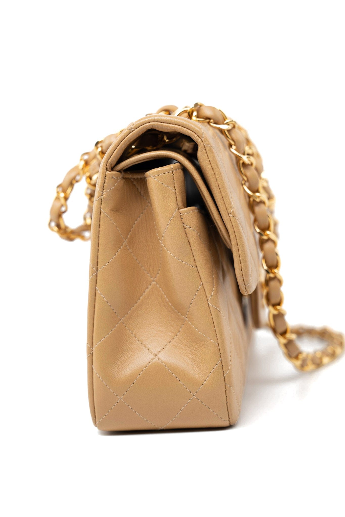 Vintage Dark Beige Lambskin Quilted Classic Flap Small Gold Hardware