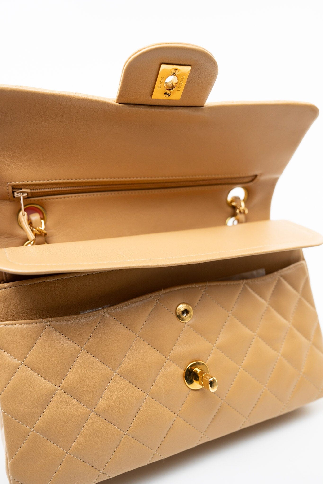 Vintage Dark Beige Lambskin Quilted Classic Flap Small Gold Hardware