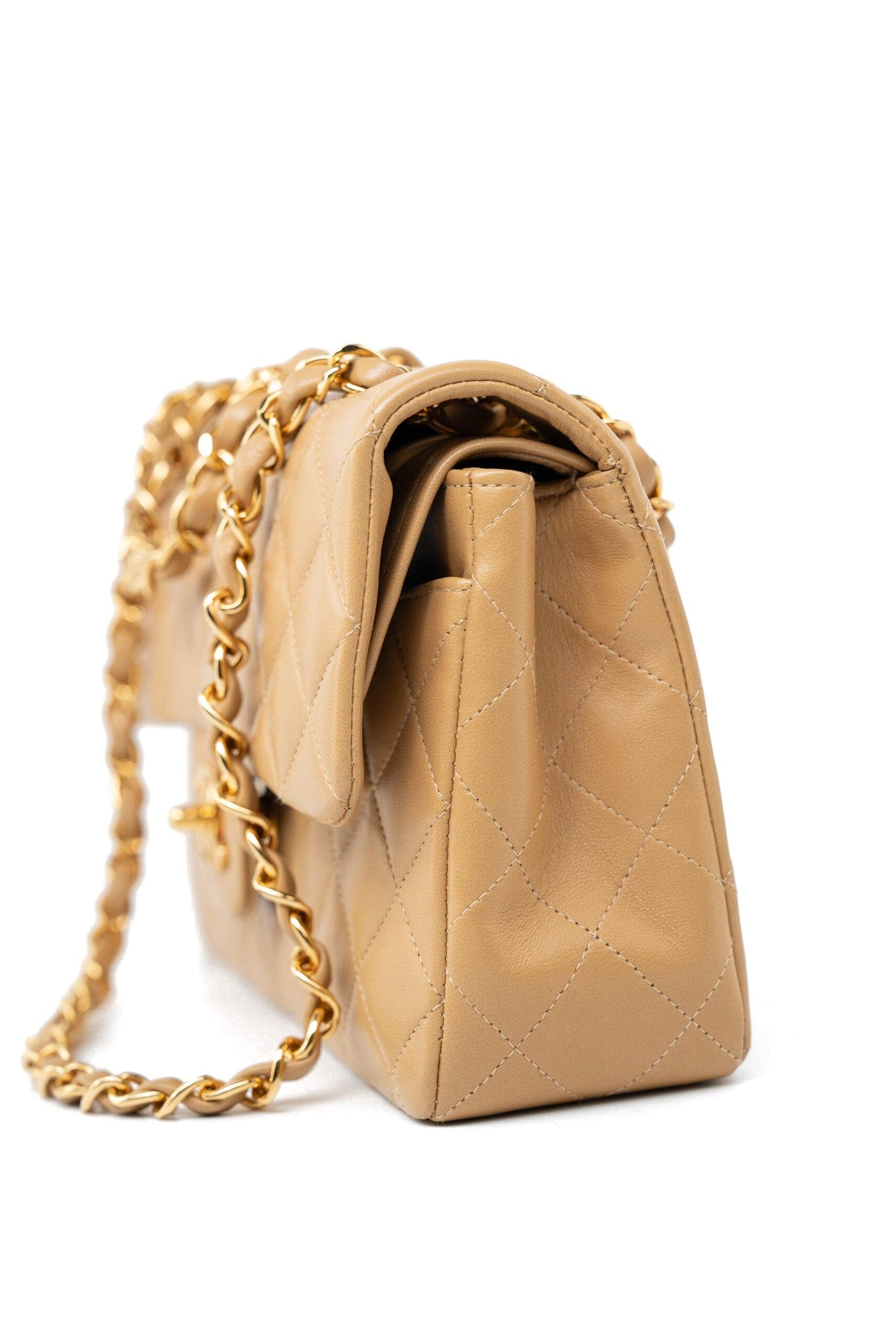 Vintage Dark Beige Lambskin Quilted Classic Flap Small Gold Hardware