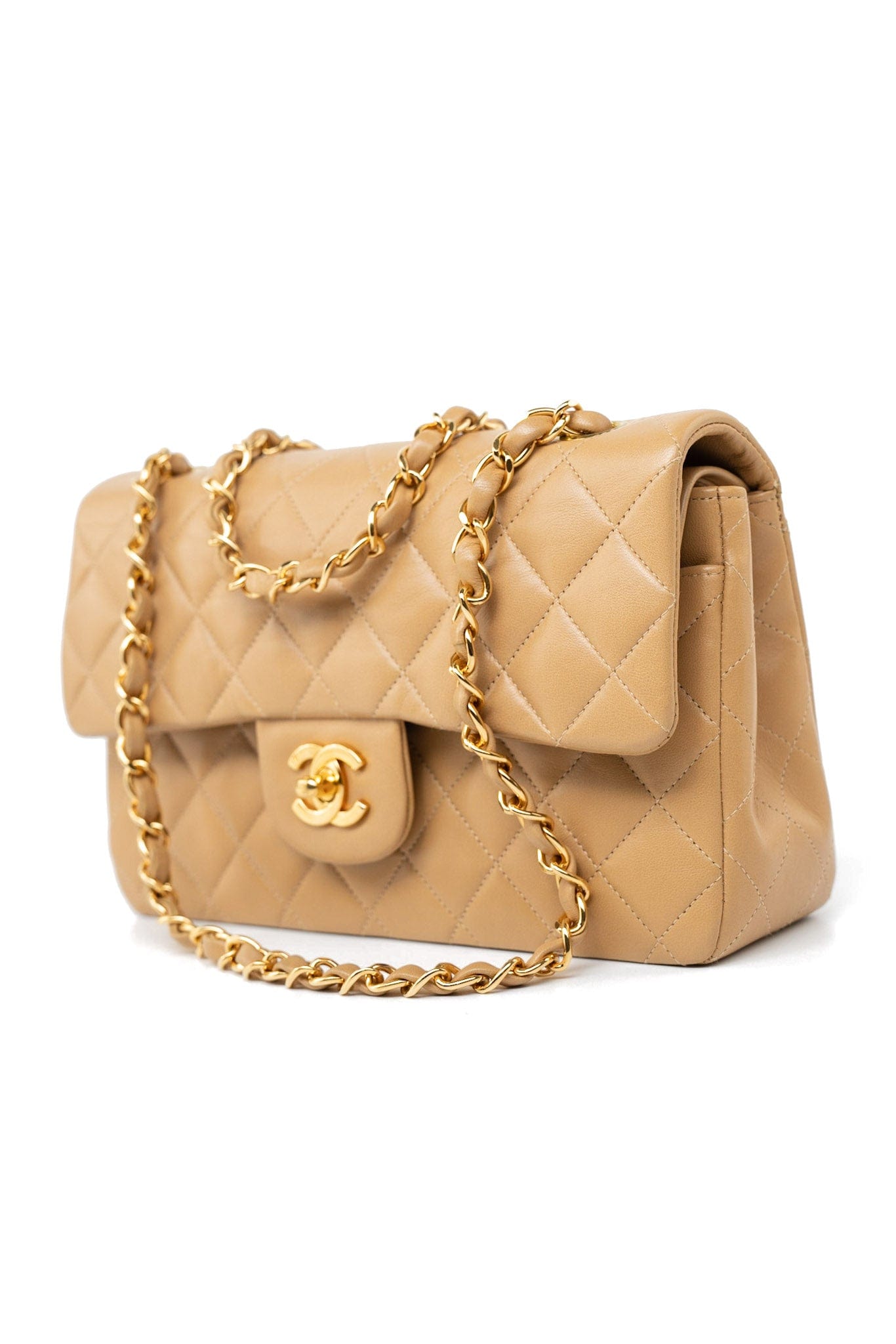 Vintage Dark Beige Lambskin Quilted Classic Flap Small Gold Hardware