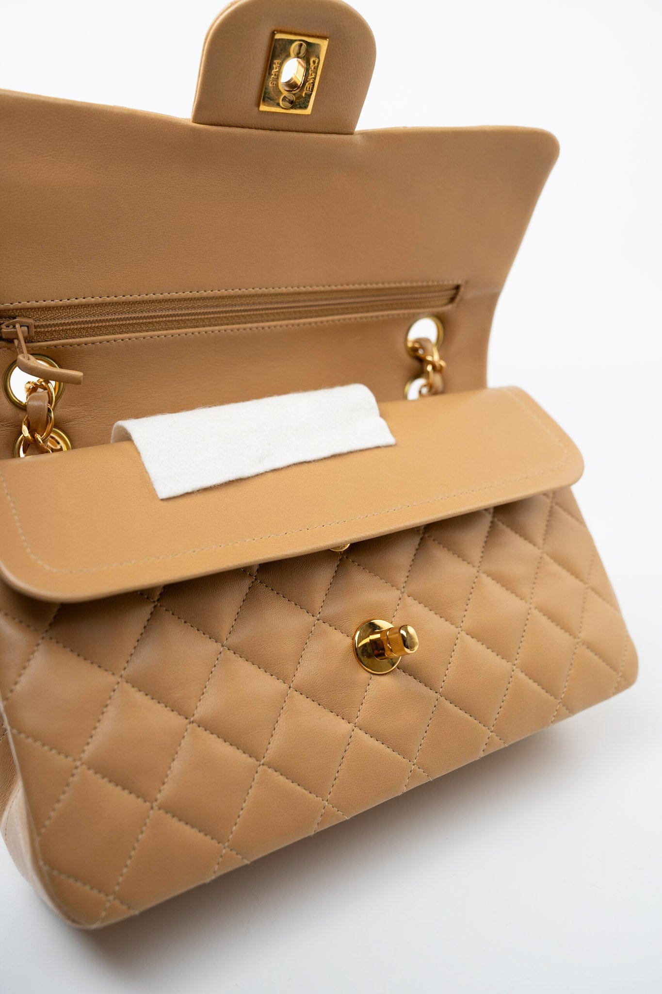 Vintage Dark Beige Lambskin Quilted Classic Flap Small Gold Hardware