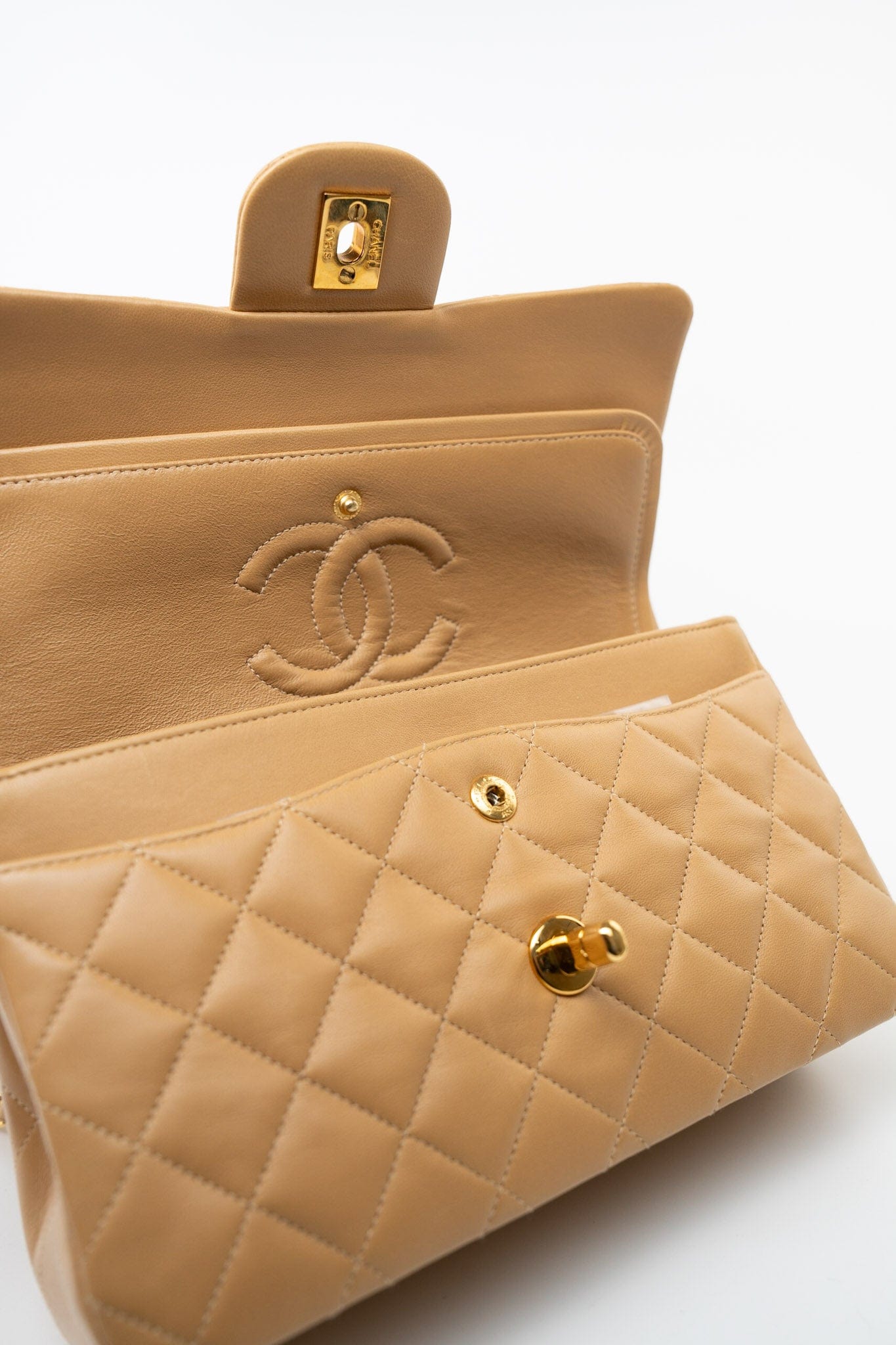 Vintage Dark Beige Lambskin Quilted Classic Flap Small Gold Hardware