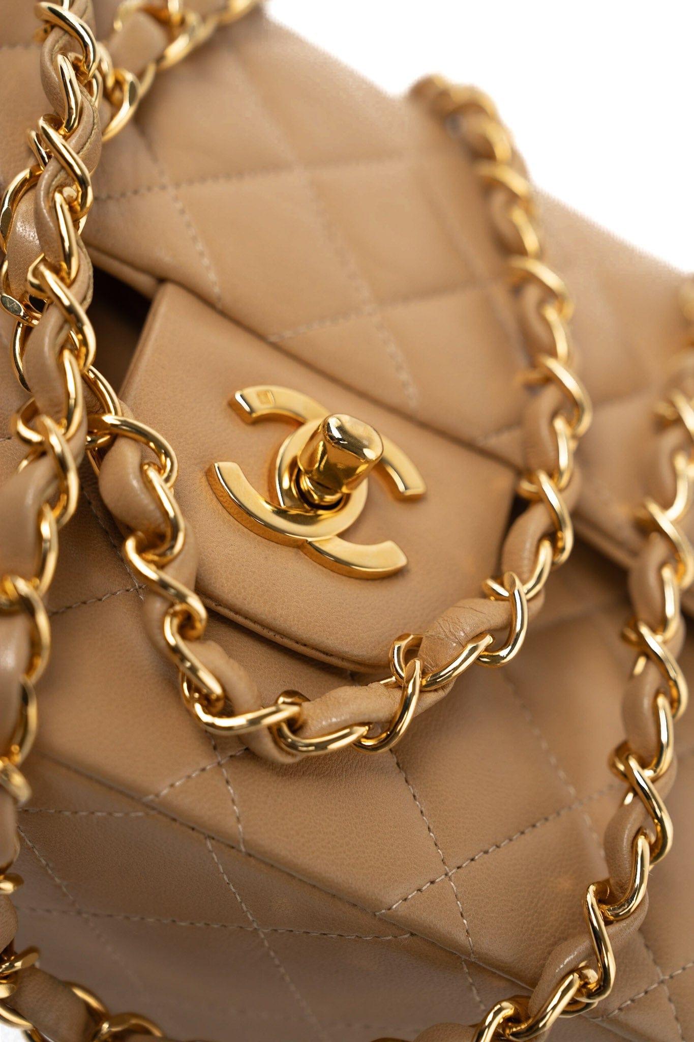 Vintage Dark Beige Lambskin Quilted Classic Flap Small Gold Hardware