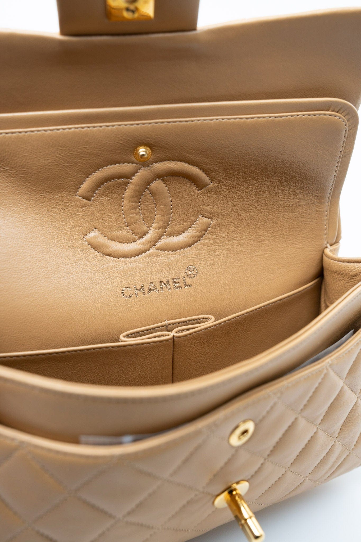 Vintage Dark Beige Lambskin Quilted Classic Flap Small Gold Hardware