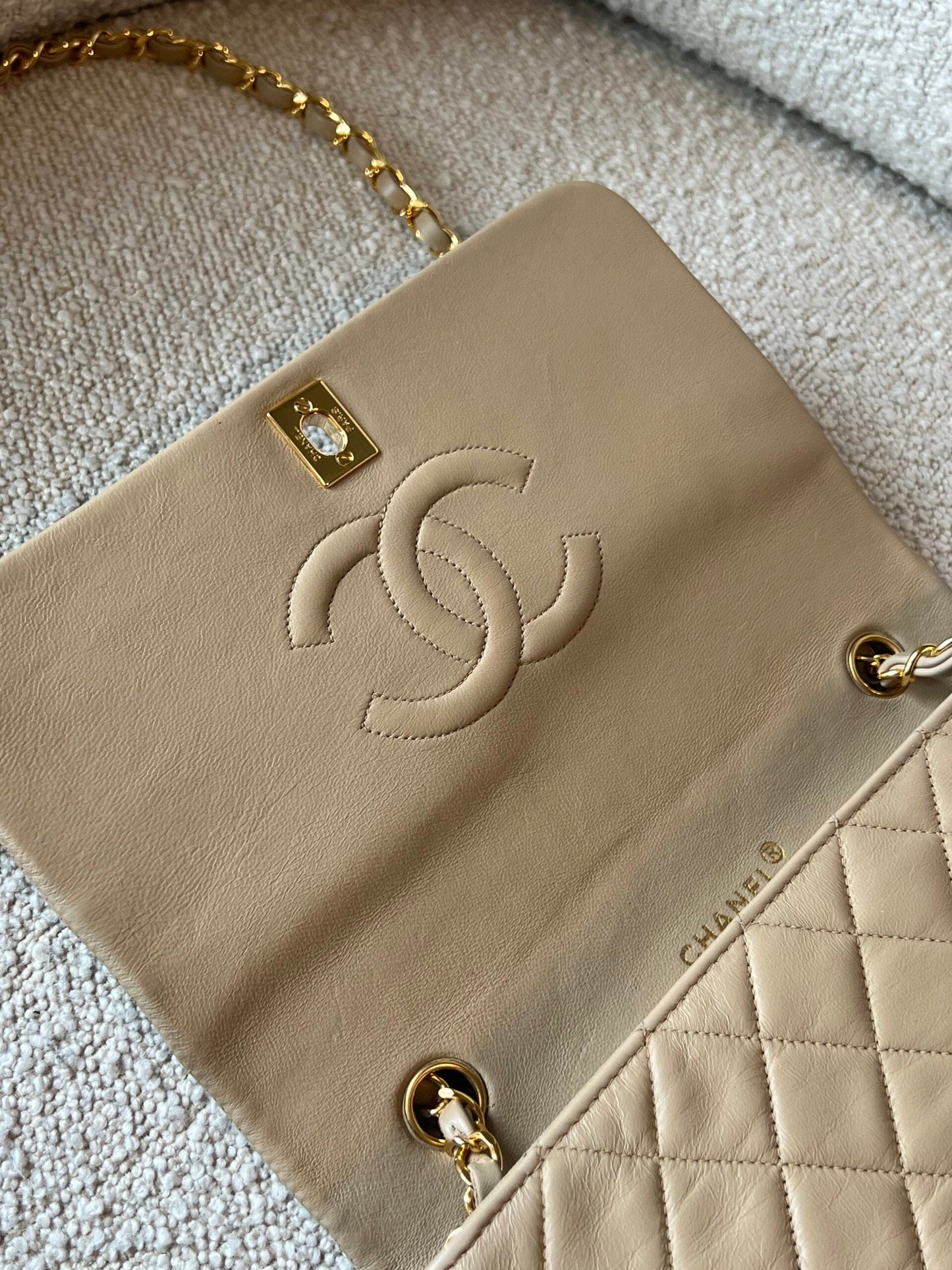 Vintage Light Beige Lambskin Quilted Full Flap Small Gold Hardware