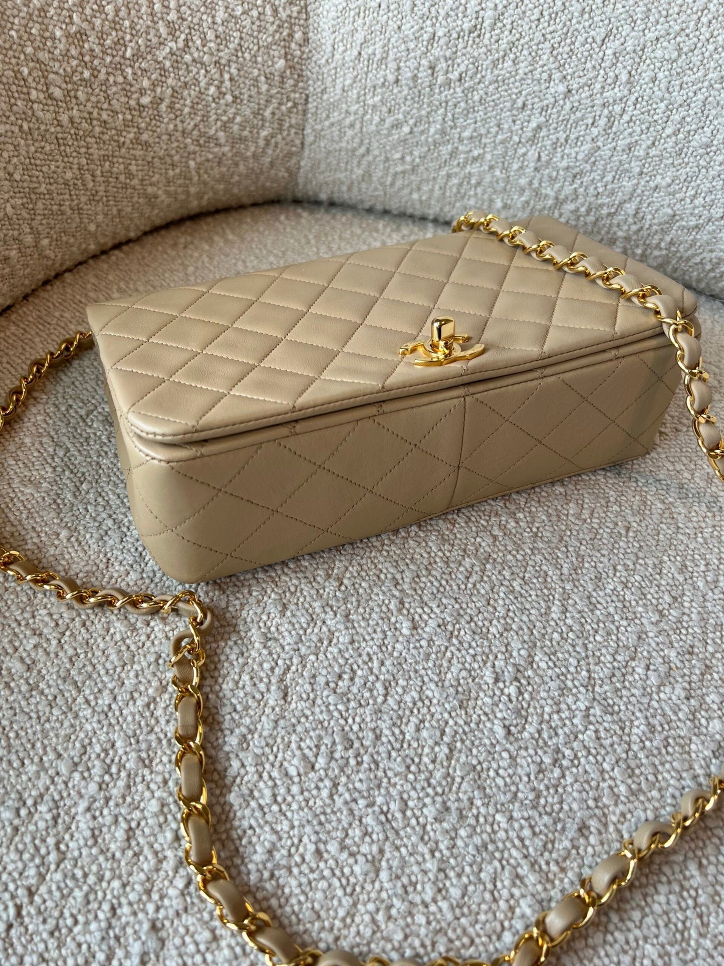 Vintage Light Beige Lambskin Quilted Full Flap Small Gold Hardware