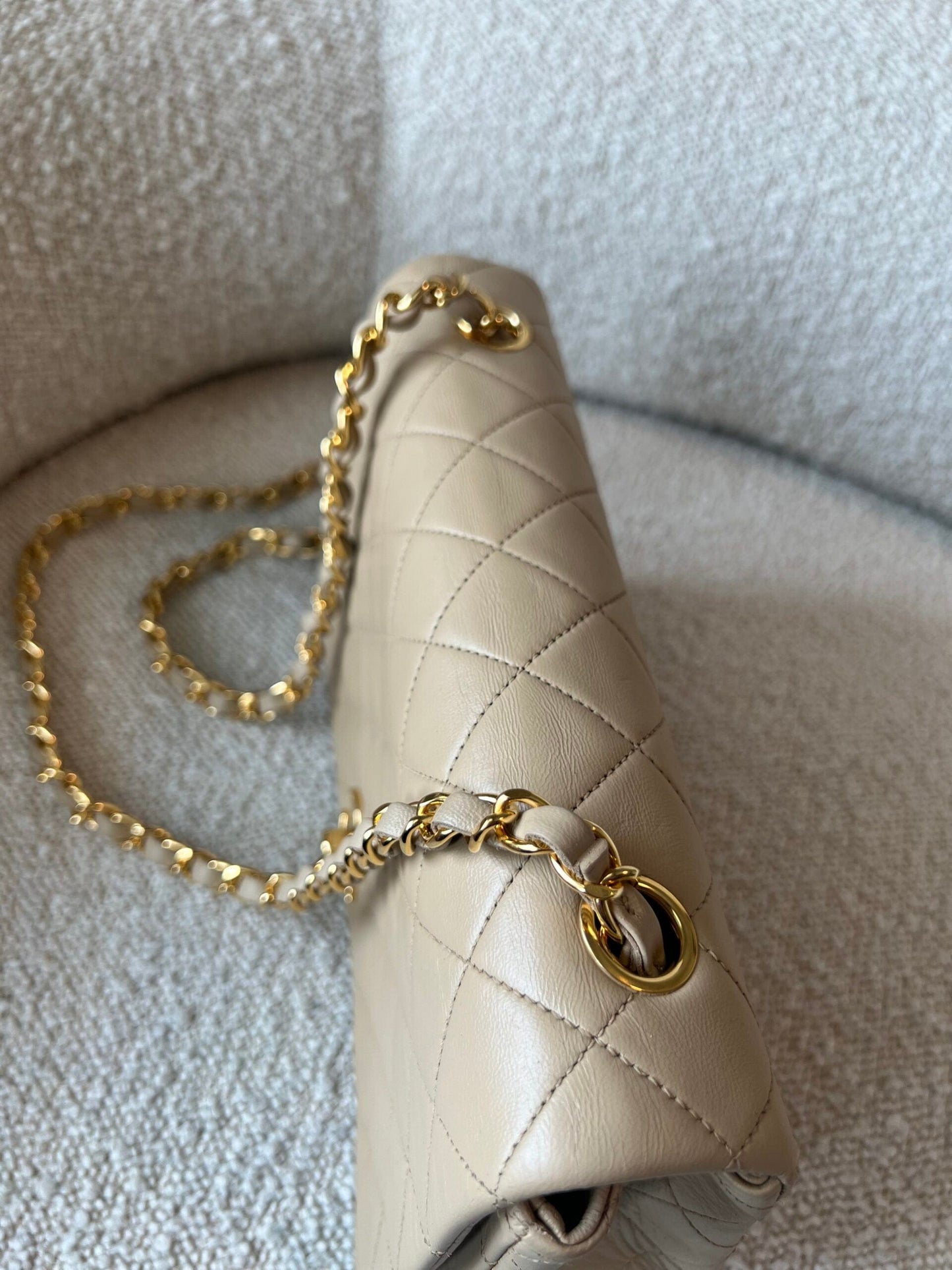 Vintage Light Beige Lambskin Quilted Full Flap Small Gold Hardware