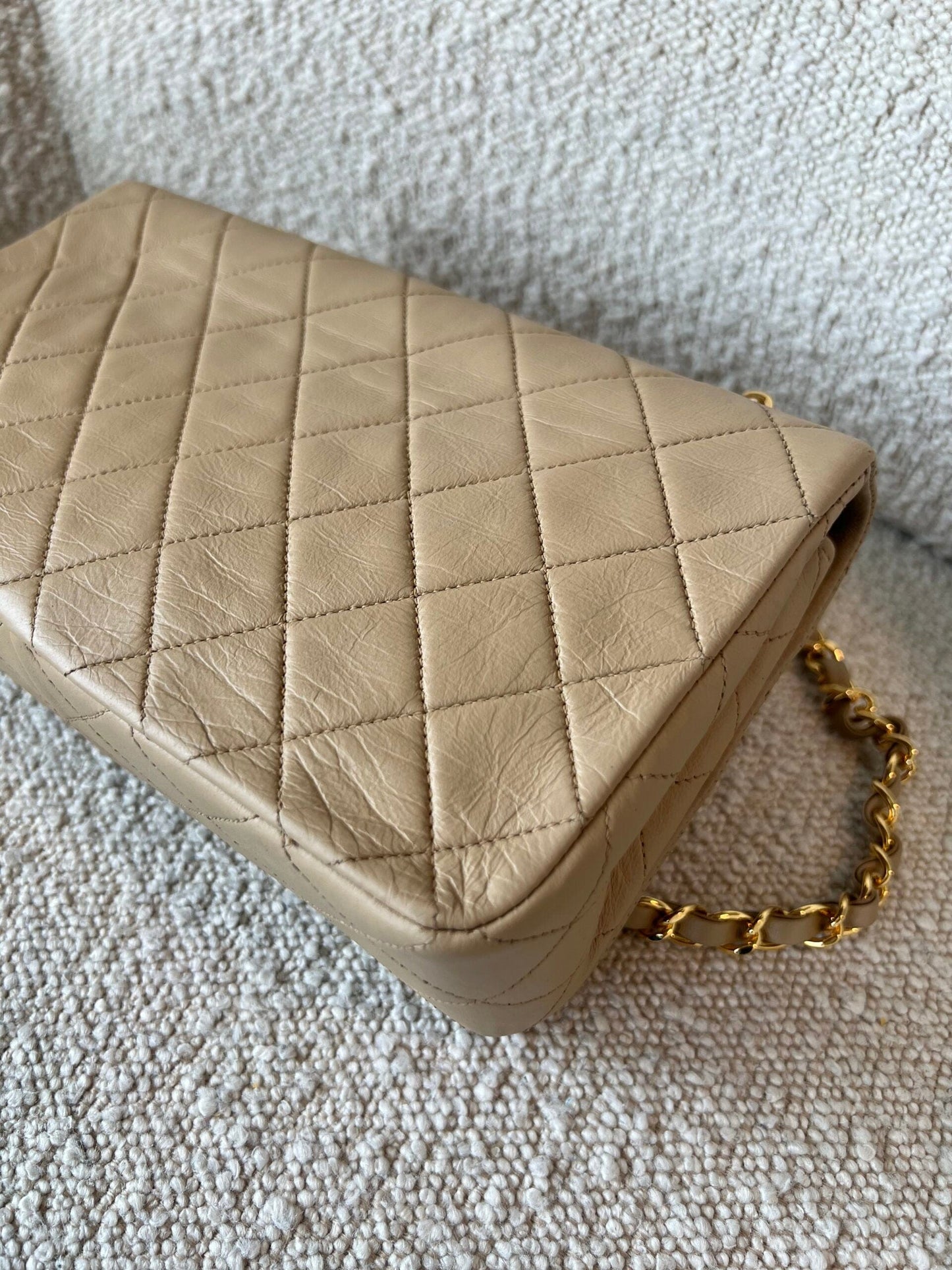 Vintage Light Beige Lambskin Quilted Full Flap Small Gold Hardware