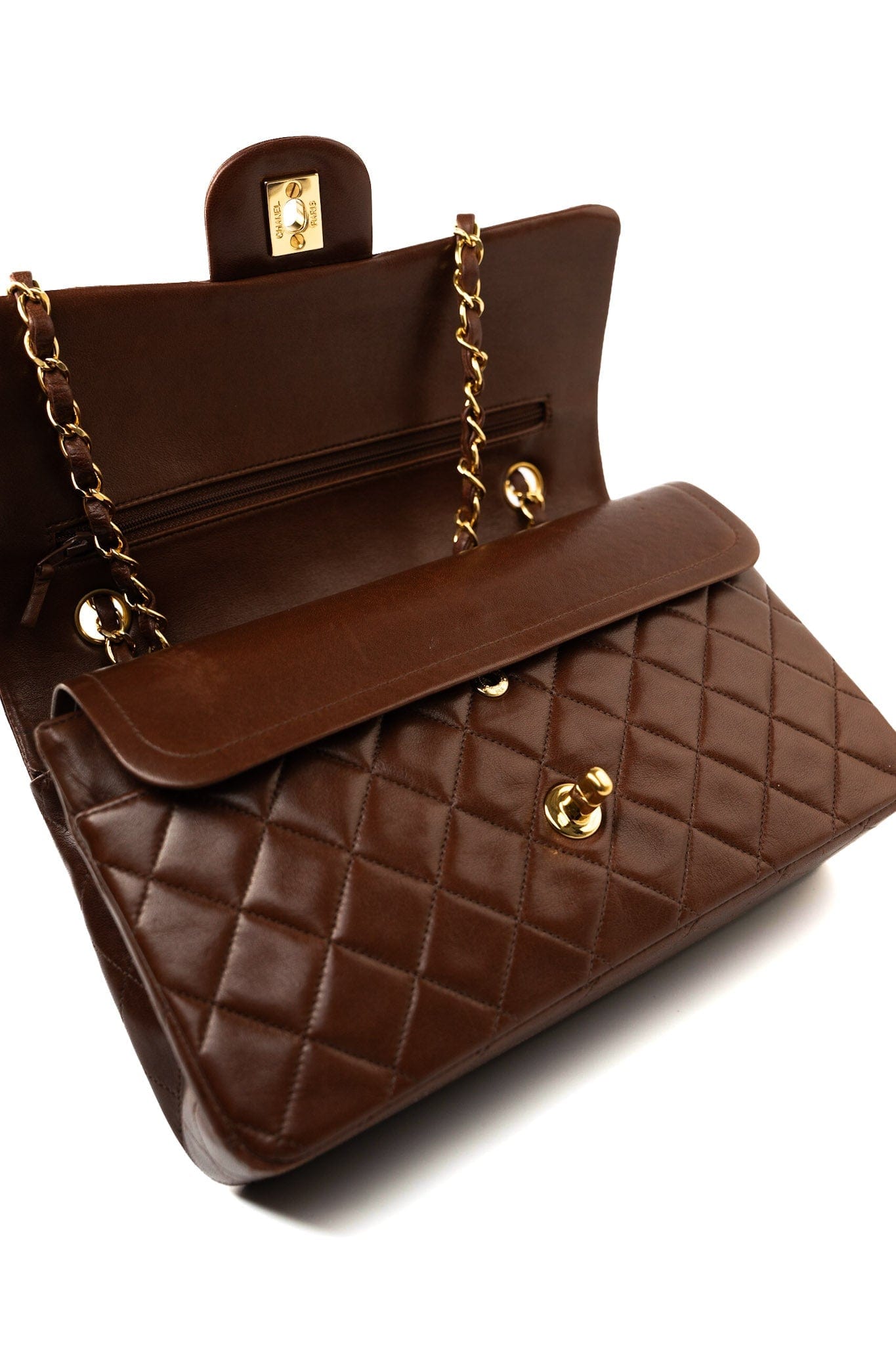 Vintage Light Brown Double Sided Flap Bag Gold Hardware