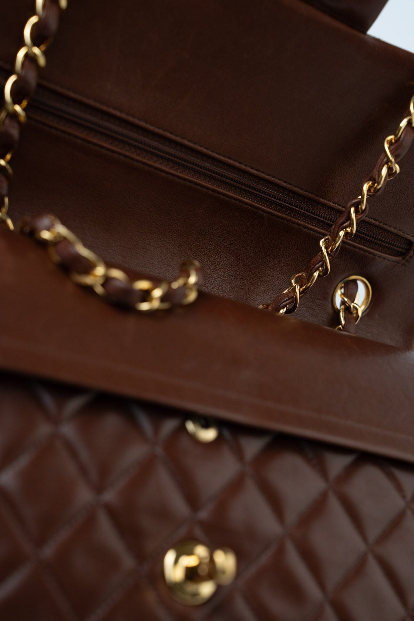 Vintage Light Brown Double Sided Flap Bag Gold Hardware