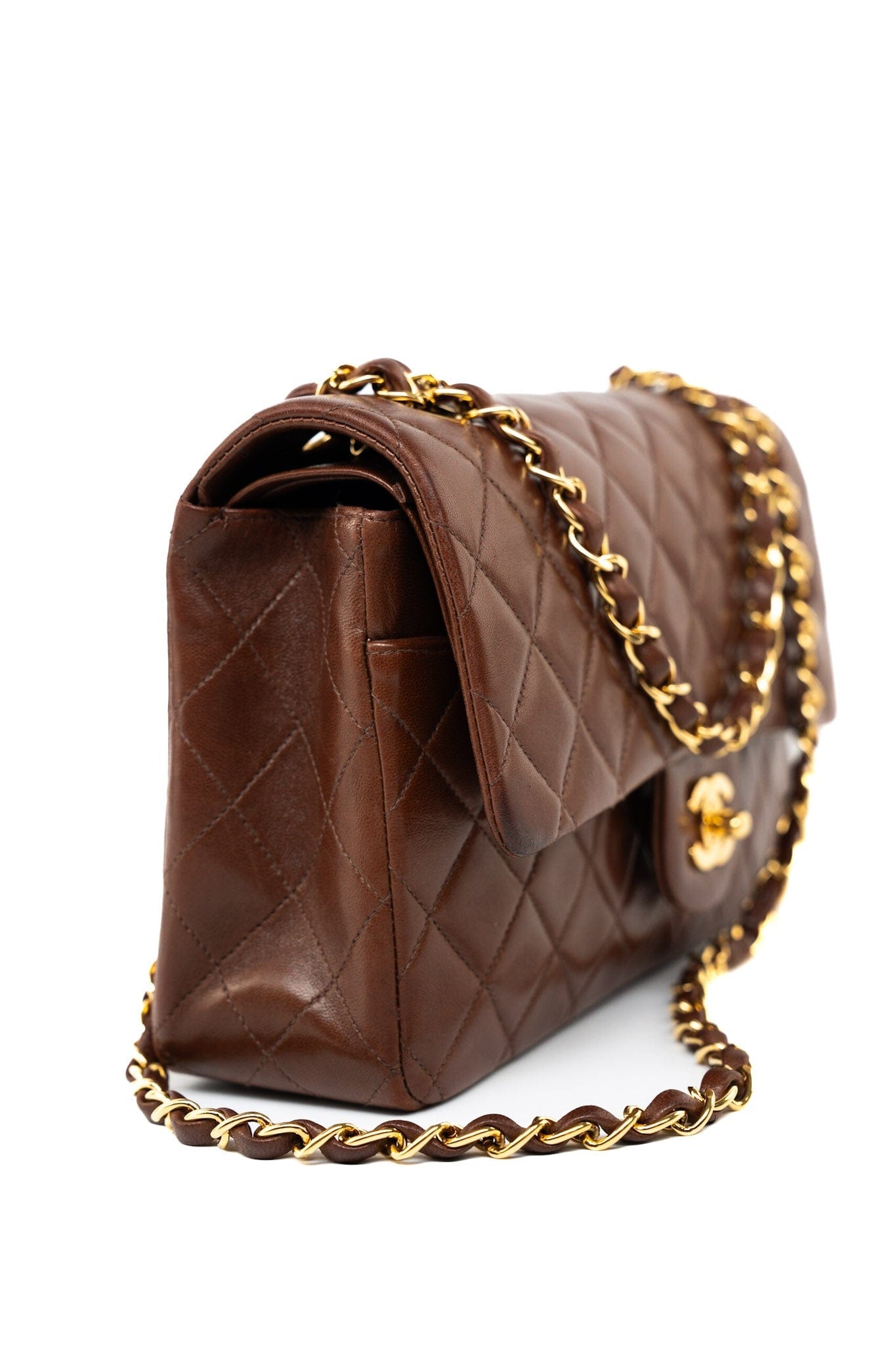 Vintage Light Brown Double Sided Flap Bag Gold Hardware