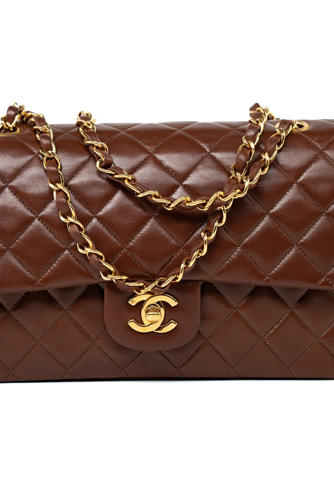 Vintage Light Brown Double Sided Flap Bag Gold Hardware