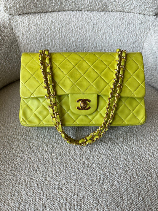 Vintage Neon Green Lambskin Quilted Classic Double Flap Medium Gold Hardware