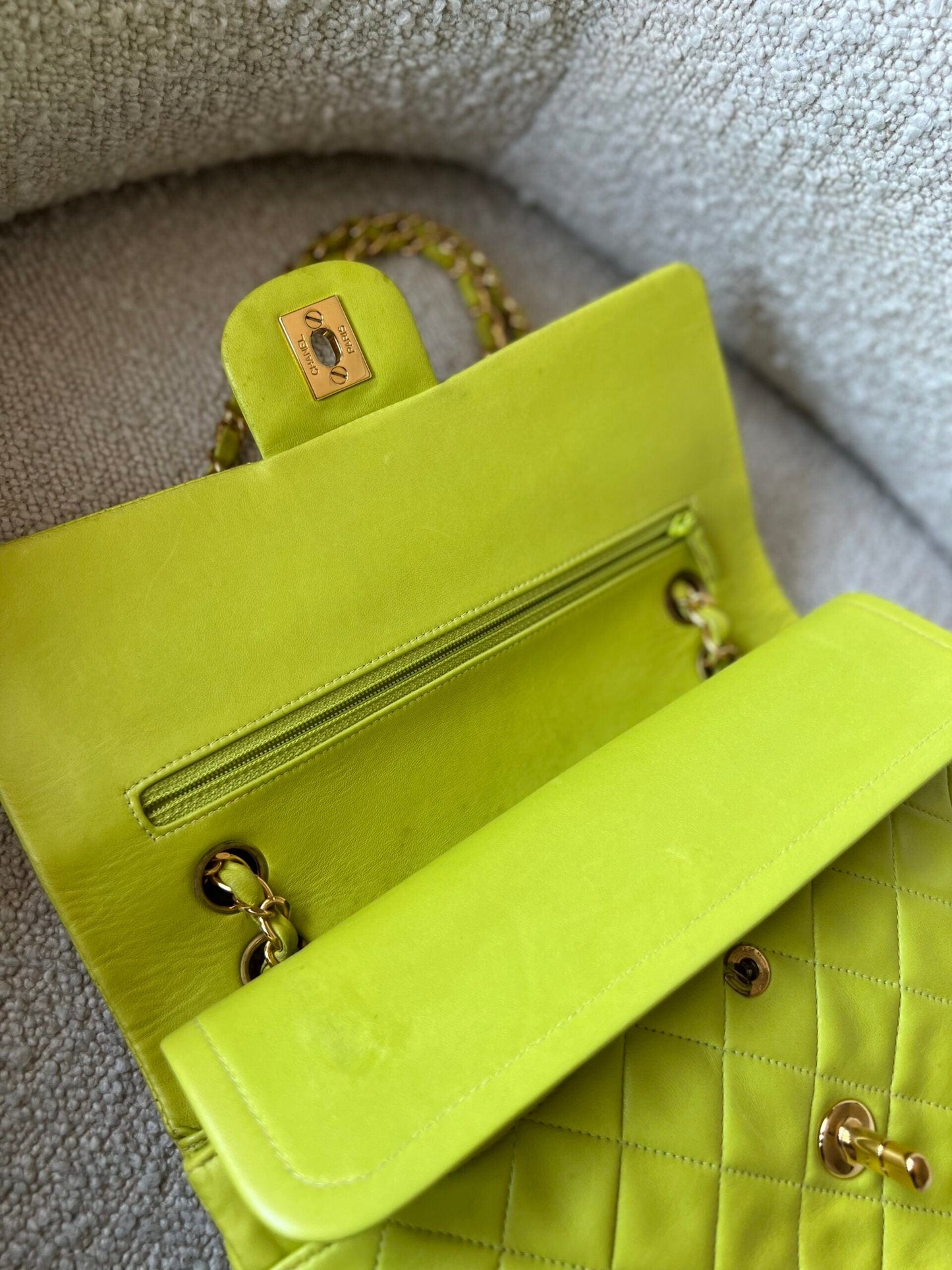 Vintage Neon Green Lambskin Quilted Classic Double Flap Medium Gold Hardware